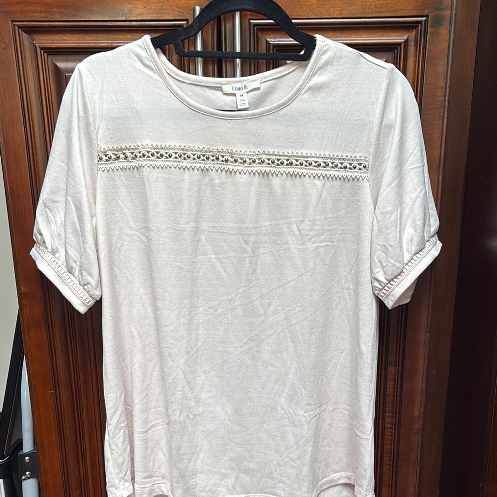 Embellished Cream Short Sleeve T-Shirt with Cuffed Sleeves